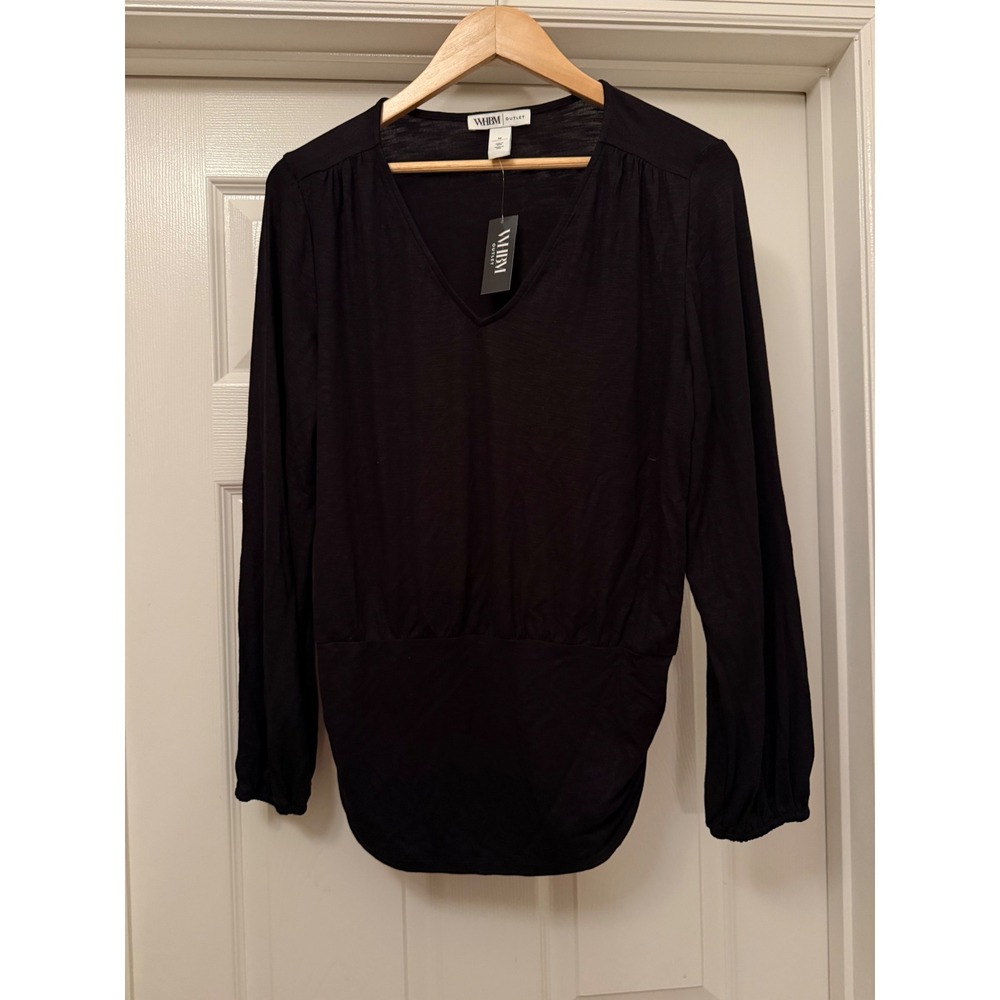 WHBM Outlet Top Women Medium Black V-Neck Long Sleeve Banded Hem Blouse